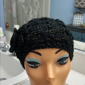 Black Glitter Knit Women's Hat with flower detail and shimmer threads